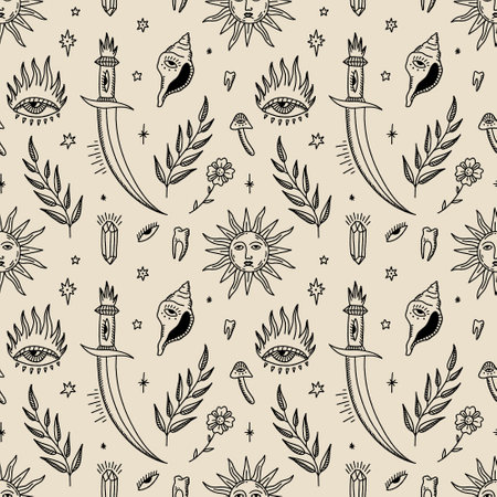 Magic medieval moon and sun hippie boho vintage astrology esoteric witch vector and jpg printable seamless pattern, unique repeat clipart illustration image, editable isolated details. Perfect for clothes design, wrapping paper, cloth printing template and more.のイラスト素材