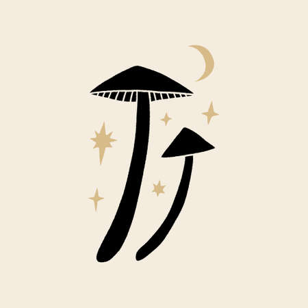 Witchcraft celestial mushrooms set, magical potion ingredients. Cartoon doodle style, woodland forest symbols. Vector and jpg printable image, unique boho clipart illustration, editable isolated details. Perfect for poster or postcard template, t-shirt clothes design, digital stickers and more.のイラスト素材