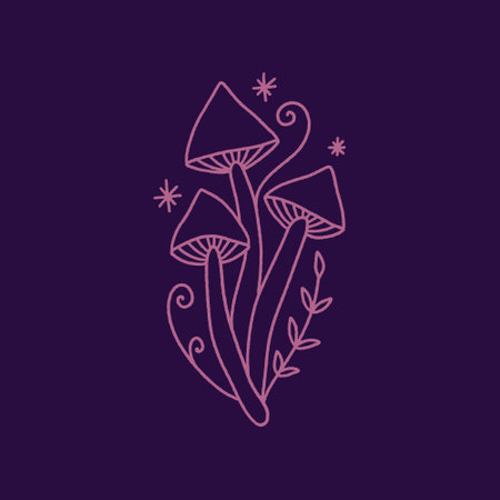 Witchcraft celestial mushrooms set, magical potion ingredients. Cartoon doodle style, woodland forest symbols. Vector and jpg printable image, unique boho clipart illustration, editable isolated details. Perfect for poster or postcard template, t-shirt clothes design, digital stickers and more.のイラスト素材