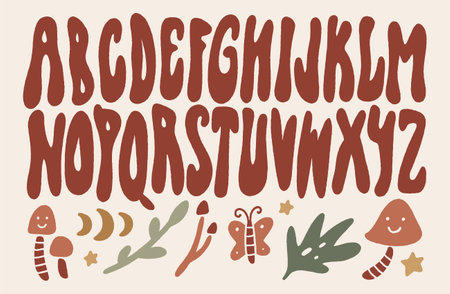 Woodland autumn font in hippie bohemian groovy postmodern funky style, alphabet 1960s boho psychedelic characters. Perfect for posters, collages, clothing, music albums and more. Vector clipart illustrations, isolated letters.のイラスト素材