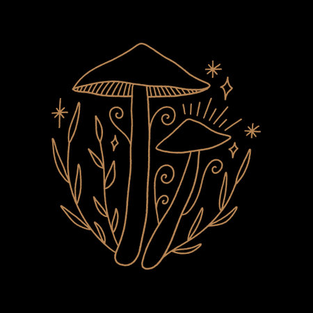 Witchcraft celestial mushrooms set, magical potion ingredients. Cartoon doodle style, woodland forest symbols. Vector and jpg printable image, unique boho clipart illustration, editable isolated details. Perfect for poster or postcard template, t-shirt clothes design, digital stickers and more.のイラスト素材