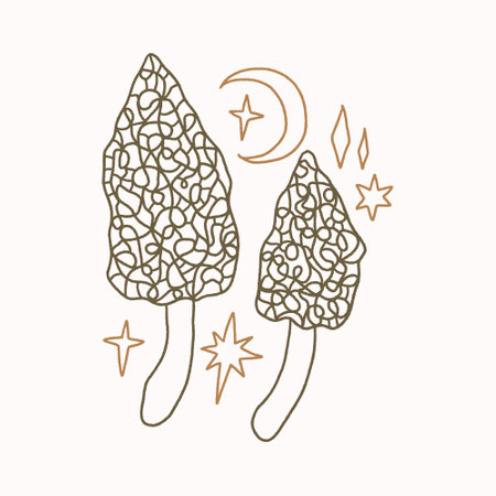 Morel witchcraft celestial mushroom, magical potion ingredients. Cartoon doodle style, woodland forest symbol. Vector and jpg printable image, unique boho clipart illustration, editable isolated details. Perfect for poster or postcard template, t-shirt clothes design, digital stickers and more.のイラスト素材