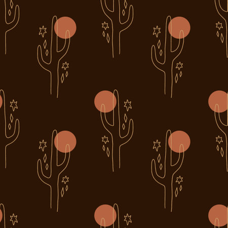 Terracotta line art cacti vector and jpg printable boho cactus Arizona seamless pattern, unique repeat clipart illustration image, editable isolated details. Perfect for clothes design, wrapping paper, cloth printing template and more.のイラスト素材