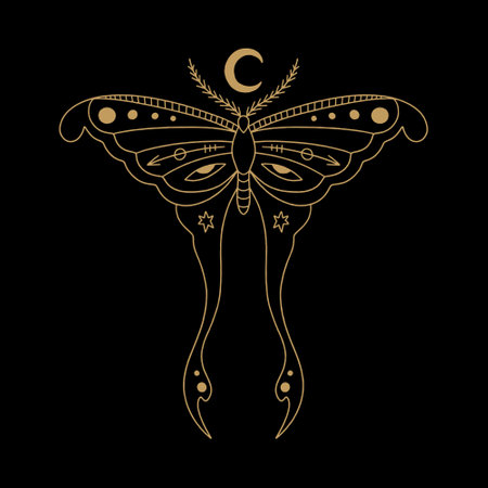 Magic luna moth celestial moon night butterfly magical vector and jpg printable image, unique boho clipart illustration, editable isolated details. Perfect for poster or postcard template, t-shirt clothes design, banner, digital stickers and more.のイラスト素材