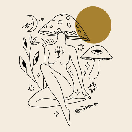 Mushroom lady, moon goddess sacred woman celestial card. Mystical boho fungi girl. Mystic esoteric black and gold color witchcraft vector and jpg printable image, unique boho clipart illustration, editable isolated details. Perfect for poster or postcard template, t-shirt clothes design, banner, digital stickers and more.のイラスト素材