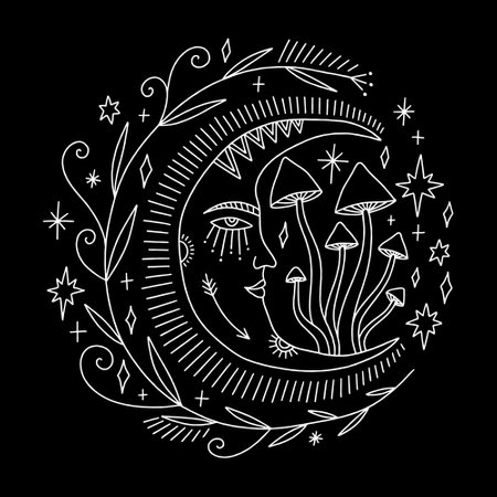 Moon and mushrooms set, magical potion ingredients. Cartoon doodle style, woodland forest symbols. Vector and jpg printable image, unique boho clipart illustration, editable isolated details. Perfect for poster or postcard template, t-shirt clothes design, digital stickers and more.のイラスト素材