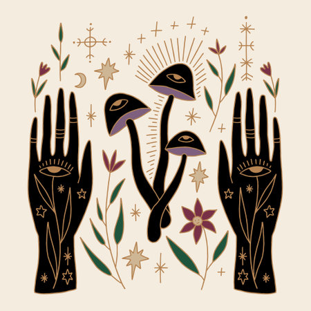 Witchcraft symbols celestial hands and mushrooms bundle set, magical alchemy potion ingredients. Vector and jpg printable image, unique boho clipart illustration, editable isolated details. Perfect for poster or postcard template, t-shirt clothes design, digital stickers and more.のイラスト素材
