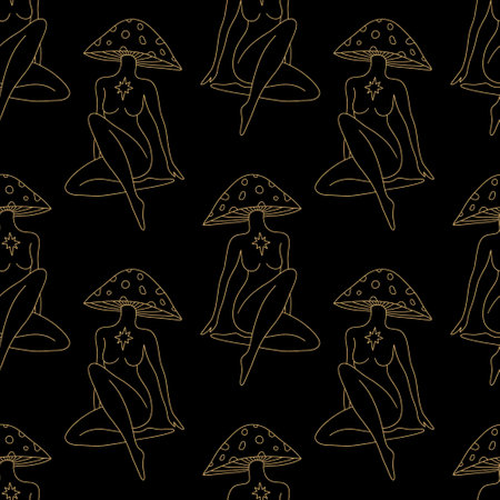 Mushroom lady moon goddess sacred woman celestial vector and jpg printable boho seamless pattern, unique repeat clipart illustration image, editable isolated details. Perfect for clothes design, wrapping paper, cloth printing template and more.のイラスト素材
