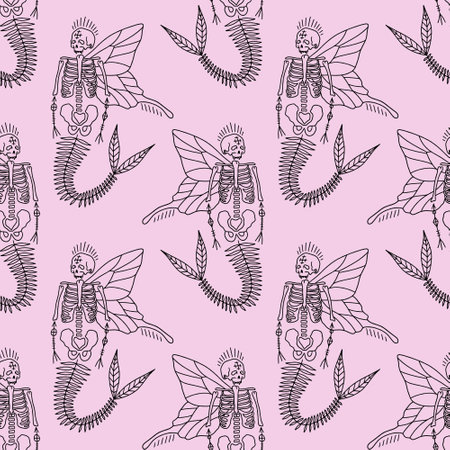 Moon celestial mermaid fairy skeleton dark boho scary Halloween vector and jpg printable boho seamless pattern, unique repeat clipart illustration image, editable isolated details. Perfect for clothes design, wrapping paper, cloth printing template and more.のイラスト素材