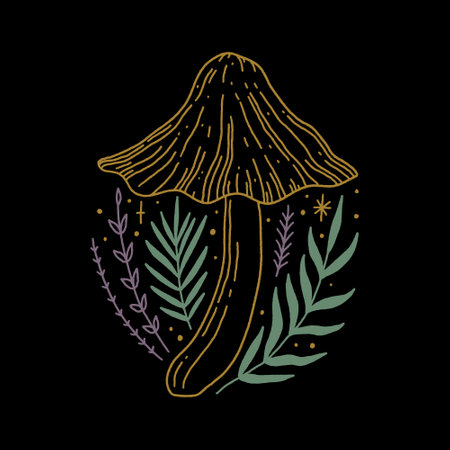 Witchcraft celestial toadstool mushroom, goblincore, witchcore, fairycore style aesthetic, magical potion ingredients. Cartoon doodle style, woodland forest symbols. Vector and jpg printable image, unique boho clipart illustration, editable isolated details. Perfect for poster or postcard template, t-shirt clothes design, digital stickers and more.のイラスト素材