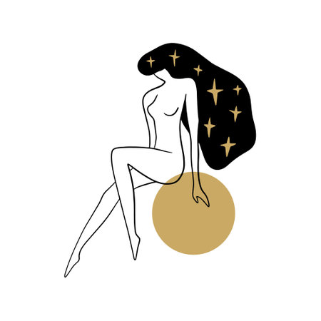 Divine celestial goddess vector clipart illustration, boho sacred magic woman, freedom mystical symbol. Flat holistic healing meditation Reiki New Age concept. Modern abstract silhouette. Hippie groovy girl.のイラスト素材