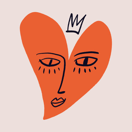 Cute funky doodle heart face emoji, vector Valentines clipart fancy fashion character, groovy grunge modern abstract style illustration. Perfect for poster, placard, leaflet, party decor.のイラスト素材