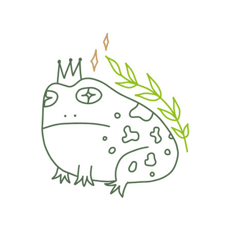 Groovy hippie princess frog or toad vector and jpg printable image, unique boho clipart illustration, goblincore, witchcore, fairycore trendy aesthetic style. Perfect for poster or postcard template, t-shirt clothes design, banner, digital stickers and more.のイラスト素材