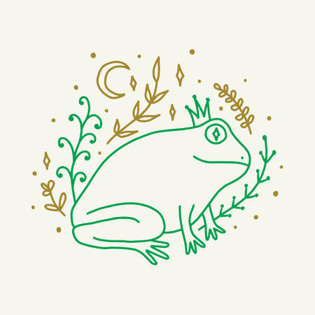 Groovy hippie princess frog or toad vector and jpg printable image, unique boho clipart illustration, goblincore, witchcore, fairycore trendy aesthetic style. Perfect for poster or postcard template, t-shirt clothes design, banner, digital stickers and more.のイラスト素材
