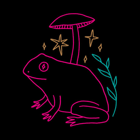 Groovy mushroom hippie frog or toad and mushroom vector and jpg printable image, unique boho clipart illustration, goblincore, witchcore, fairycore trendy aesthetic style. Perfect for poster or postcard template, t-shirt clothes design, banner, digital stickers and more.のイラスト素材