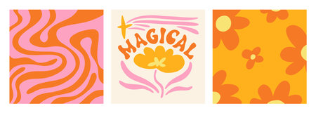 Set of groovy hippie psychedelic lettering cards. Hippy doodle typography prints, flowers, summer...