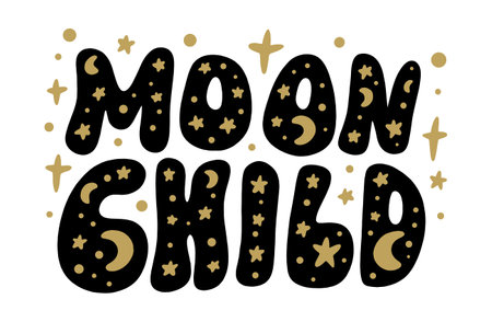 Fairytale Moon Child type vector groovy lettering text isolated on white background. Old hippy sixties style, vintage retro magic design, gold stars ornament. Gift card, poster, print for t-shirt and more, sticker, label and other.のイラスト素材
