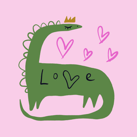 Vector clipart Valentine dinosaur on pink background, postcard, sticker or other. EPS and JPG illustration. Funky doodle trendy print, colorful hand drawn childish cartoon art. Groovy abstract childish collage style.のイラスト素材