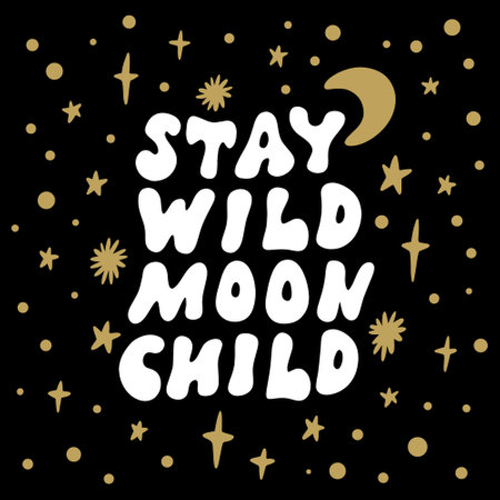 Fairytale Moon Child type vector groovy lettering text isolated on black background. Old hippy sixties style, vintage retro magic design, gold stars ornament. Gift card, poster, print for t-shirt and more, sticker, label and other.のイラスト素材
