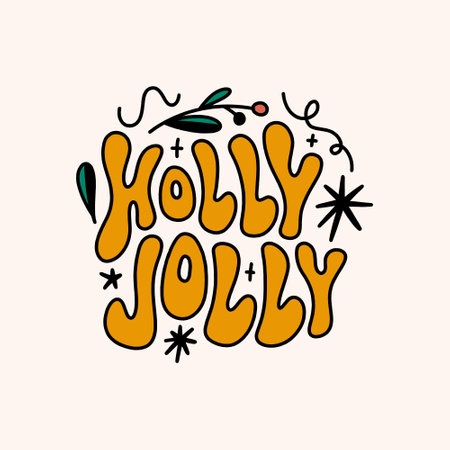 Holly Jolly groovy Xmas Noel and New Year hippie psychedelic lettering text. Hippy doodle typography print, Christmas poster. 70s retro festival style. Vector clipart illustration.のイラスト素材