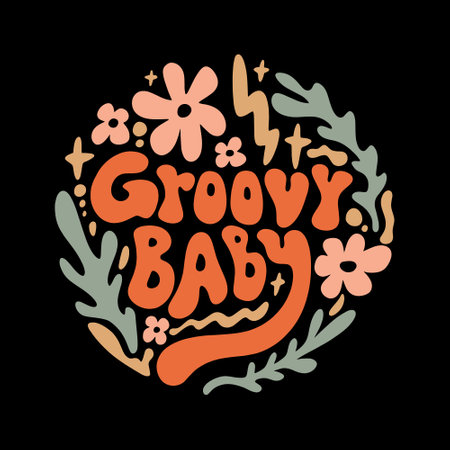 Groovy Baby hippie ornate lettering quote, comic font type dope style, freaky trippy funky text. Underground sixties retro inspired psychedelics typographic art print. Perfect for t-shirt, hoodie, pillows, music albums and more things. Positive disco summer festival vibes. Hand drawn doodle letters on black background.のイラスト素材