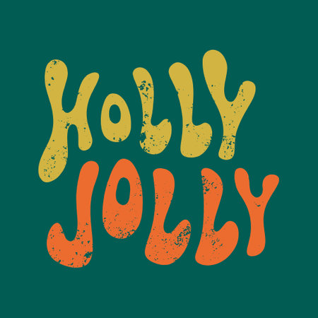 Vintage groovy Holly Jolly Xmas hippie lettering comic font type dope style, freaky trippy funky text. Underground sixties retro inspired psychedelics typographic art print. Perfect for t-shirt, New Year and Noel Christmas winter party celebration. Positive disco summer festival vibes. Hand drawn doodle letters on dark background.のイラスト素材