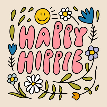 Vector ornate lettering positive quote. Happy Hippie text on flowers background. Old hippy sixties style, vintage retro design. Gift card, poster, print for t-shirt and more, sticker, label and other.のイラスト素材
