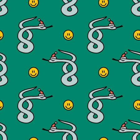 Groovy comic Xmas Santa funny snake wild animals seamless pattern background. Doodle boho Christmas...