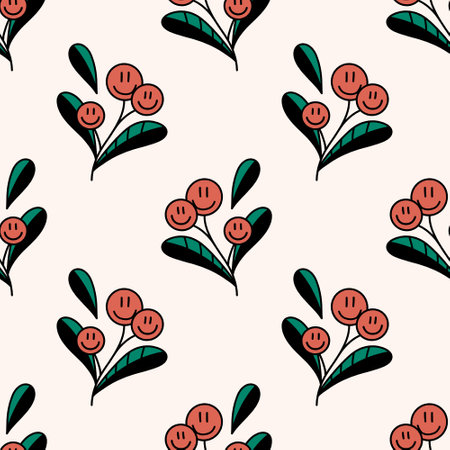 Xmas groovy wild red berries seamless pattern background. Doodle boho Christmas and New Year cartoon doodle characters, decor wrapping paper. Vector clipart illustration.のイラスト素材