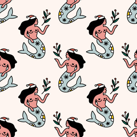 Xmas groovy Santa mermaid comic funny seamless pattern background. Doodle boho Christmas and New Year cartoon doodle characters, decor wrapping paper. Vector clipart illustration.のイラスト素材