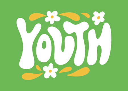 Youth lettering text. Hippy doodle typography print, summer poster. 70s retro festival inspiration positive inscription.のイラスト素材