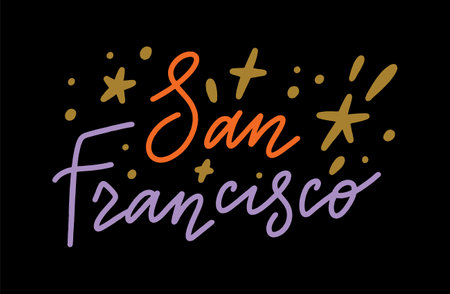 San Francisco lettering groovy trendy text. Hippy typography bright type print. 70s retro festival inspiration positive inscription. Perfect for posters, t shirt and more. Vector clipart illustration, isolated letters on dark background.のイラスト素材