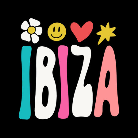 Ibiza lettering groovy trendy text. Hippy typography bright chill type print. 70s retro festival inspiration positive inscription. Perfect for posters, t shirt and more. Vector clipart illustration, isolated letters on dark background.のイラスト素材