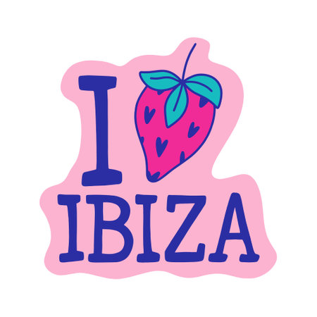 I love Ibiza lettering groovy trendy text sticker with strawberry. Hippy typography bright chill type print. 70s retro festival inspiration positive inscription. Perfect for posters, t shirt and more. Vector clipart illustration, isolated letters on white background.のイラスト素材