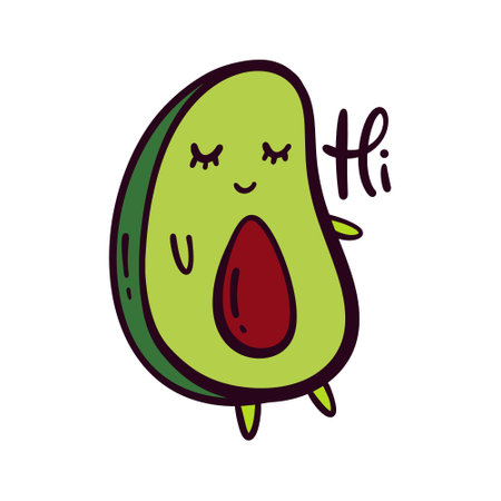 Cute vector doodle smiling funny groovy cartoon baby avocado happy character saying Hi. Vitamin positive fruits and vegetable lettering concept. Vector flat kawaii hand drawn adorable illustration. Isolated on white background. Good for cafe menu, kids t shirt and more.のイラスト素材