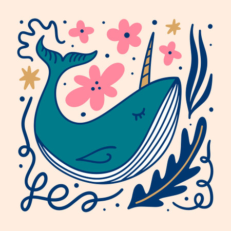 Flat doodle cartoon blue fairytale magic unicorn whale, narwhal hand drawn vector illustration isolated on color background. Sea and ocean character, aquatic marine life art. Floral childish collage groovy style. Perfect for kids t shirt print design and more.のイラスト素材