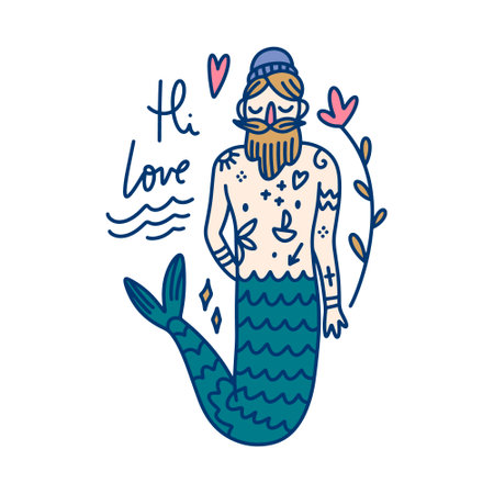Mermaid funny doodle hipster boy. Adorable tattooed man with flower gift. Valentines day concept. Vector clipart illustration isolated on white background.のイラスト素材