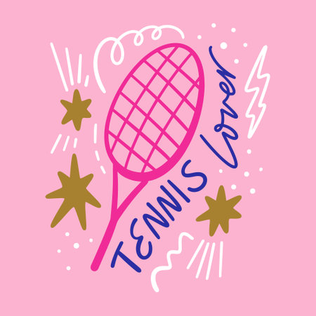 Tennis sports racquet equipment flat doodle vector tools and lettering. Teen girl cartoon pink drawing isolated on color background. Editable isolated details. Baby childish groovy style Illustration, unique print for poster, card, mug, t shirt and other.のイラスト素材