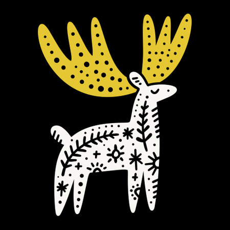 Scandinavian Christmas Noel deer or muse folk animal vector design, cute floral patterned traditional monochrome embroidery pattern inspired by Sweden, Norway, Finland and Denmark. Retro vintage monochrome rustic folklore clip art on black background.のイラスト素材
