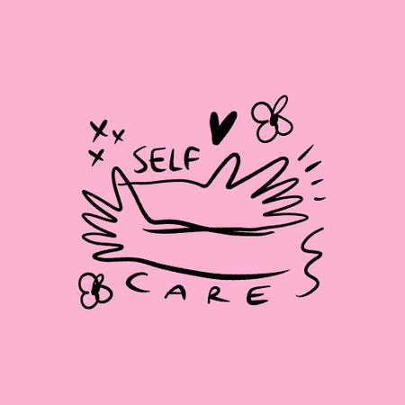 Hugs yourself self-care motivational encouraging girly self-esteem and self-indulgent quote. Lettering typography illustration. Kind love message with hands and flowers. Groovy letters on color background. Perfect phrase for t shirt print, banner and more.のイラスト素材