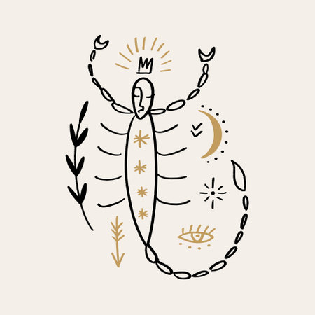 Scorpio Zodiac boho vector artistic abstract modern art, sacred stellar minimalist artisan hand drawn silhouette, mystical spell moon aesthetics bohemian hippie conceptのイラスト素材