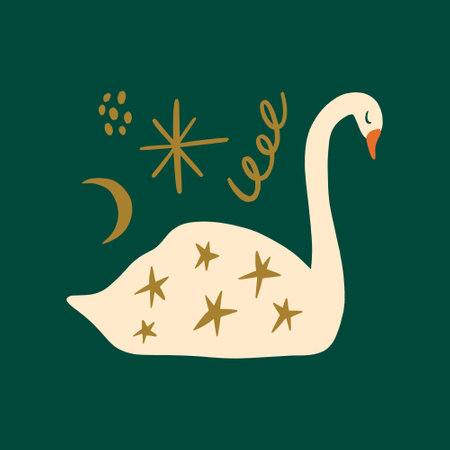 Swan space lake modern abstract artistic New Year and Christmas illustration. Scandinavian nordic style artisan Noel postcardのイラスト素材