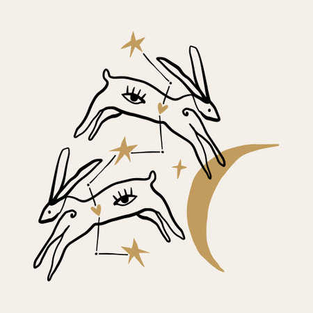 Rabbits constellation celestial boho modern abstract artisan vector illustration clipart in scandinavian styleのイラスト素材