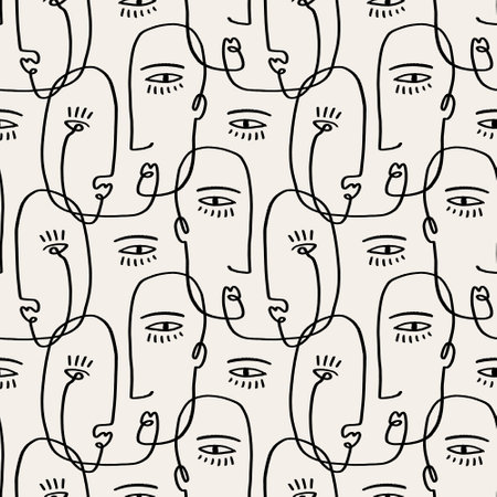 Line faces black and white linear boho modern abstract artisan vector seamless patternのイラスト素材
