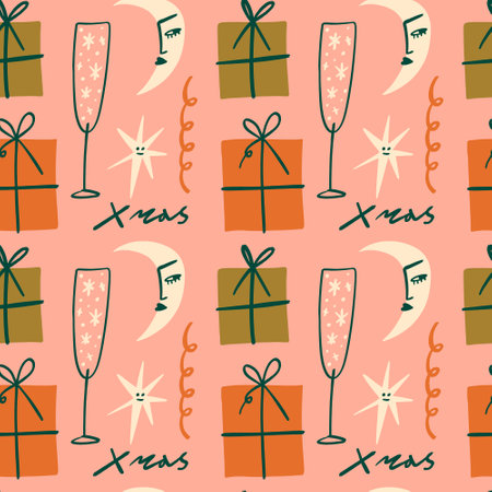 Scandinavian nordic style gifts artisan Noel postcard elements seamless pattern background vector