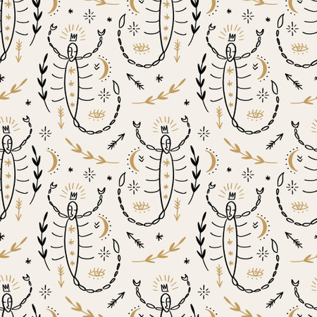 Scorpio Zodiac boho vector artistic abstract modern seamless pattern, sacred stellar minimalist artisan hand drawn silhouette, mystical spell moon aesthetics bohemian hippie concept surfaceのイラスト素材