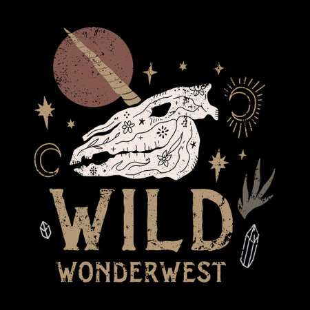 Western old label with skull of unicorn horse fantasy vintage retro textured wild west bones on black backgroundのイラスト素材