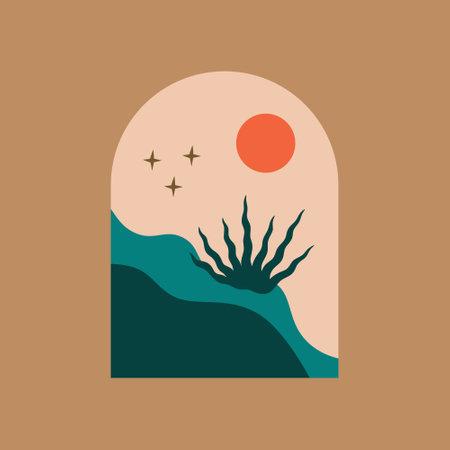 Night desert landscape magic meditative scene, earth day environmental concept, vector illustration. Icon or poster and postcardのイラスト素材