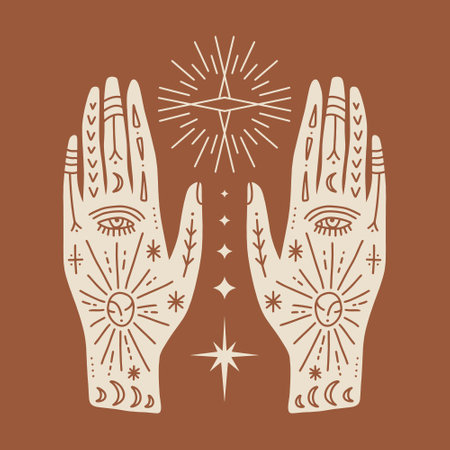 Hand drawn Reiki boho floral hands and moon art, meditation and energy healing practice illustration. Earth Day nature concept.のイラスト素材