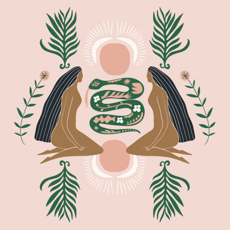 Sacred woman meditating magic Reiki silhouette drawing, Bali wild young girls and floral jungle elements.のイラスト素材